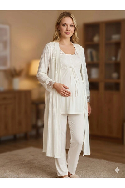 Kocabey 6205 Women's 3-Piece Jacquard Maternity Pajama Set with Dressing Gown