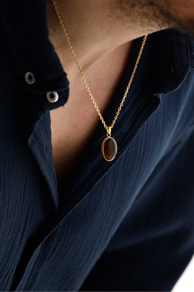 Fjellor ONYXIS Gold Pendant 925 Ayar 14K Altın Kaplama Siyah Doğal Taşlı Erke...