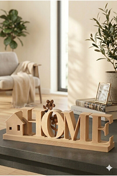 AKT Home Yazılı Dekoratif Biblo – Bej ve Kahverengi HOME Yazısı - Masa Üstü O...