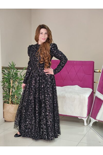 Butik Çiçek Desenli Simli Abiye