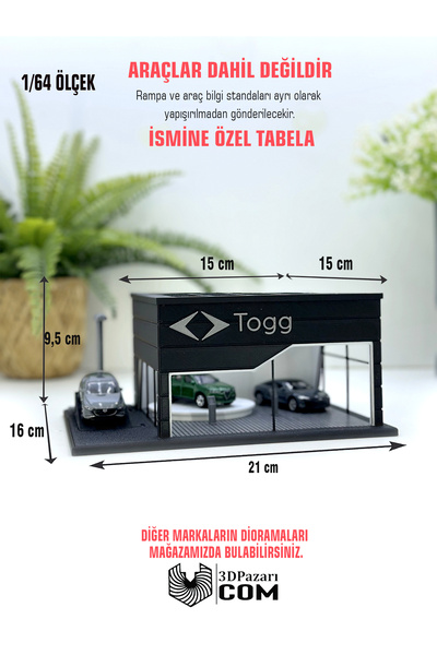 Butik 1/64 Ölçekli Togg Diorama Tasarımlı Siyah Renk Araç Sergileme Garajı 3D...