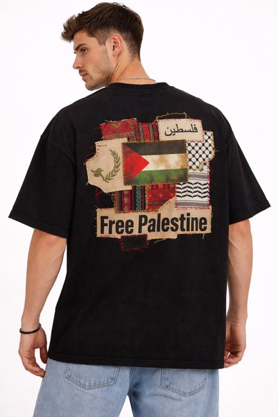 Nulivez تي شيرت فلسطين الحرة للجنسين بمقاس كبير مزين بتفاصيل مطبوعة - تصميم م...