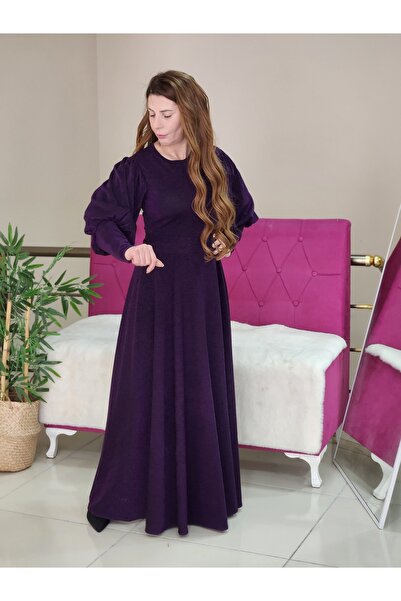 Butik Kadın Mor Balon Kol Işıltılı Uzun Abiye Elbise