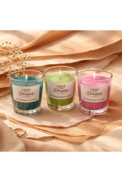 Lİght Your Dreams 3'lü Kokulu Mum Seti %100 Doğal Soya Mum Gül&Çam Bergamot&E...