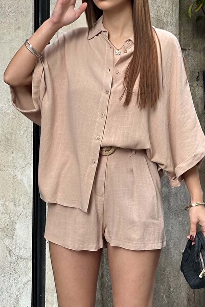XXL BUTİK Γυναικείο Σετ Πουκάμισο και Σορτς από Λινό Πούδρα ESR037
