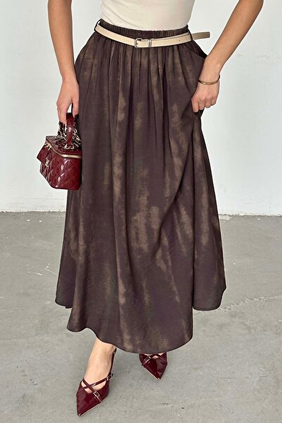 XXL BUTİK Γυναικεία Καφέ Μακριά Φούστα Τεσεττούρ με Λεπτομέρεια Ζώνης ESR061