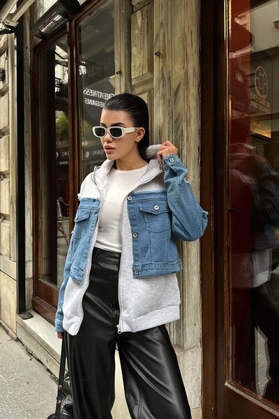 XXL BUTİK Γυναικείο μπουφάν με φερμουάρ και λεπτομέρεια από μπλε τζιν ESR018