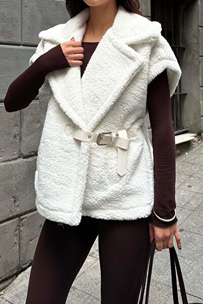 XXL BUTİK Γυναικείο βελούδινο γιλέκο εκρού με λεπτομέρεια ζώνης Oversize ESR026