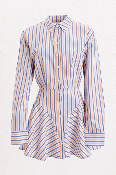 BSL %100 Cotton Çizgili Mini Gömlek Elbise