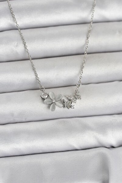 Nehir Şık 316L Çelik Zincir Gümüş Renk Çiçek ve Kelebek Model Kadın Kolye Öğr...