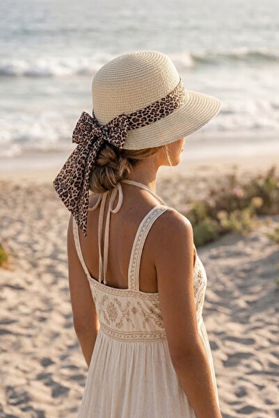 Ritagarcia Γυναικείο καπέλο παραλίας με λεοπάρ φιόγκο και λεπτομέρειες από ψάθα