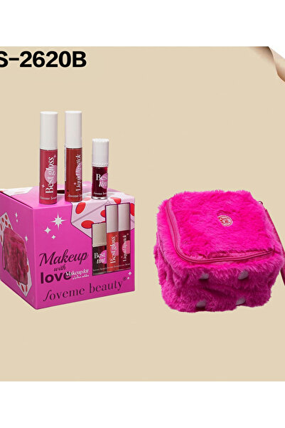 LOVEME BEAUTY مجموعة مكياج شفاه تتضمن أحمر شفاه وملمع شفاه وحقيبة صغيرة.