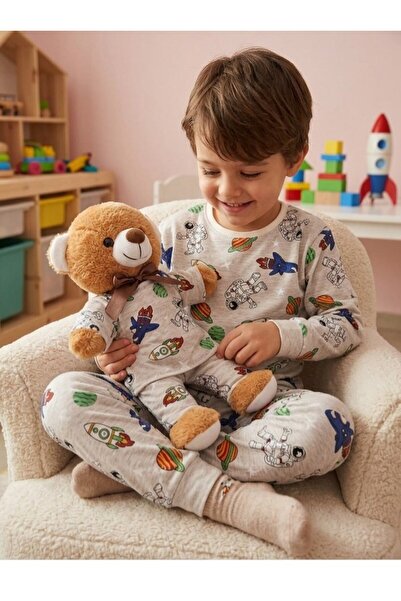 Tozpembebaby طقم بيجامة بتصميم الفضاء ودمية دب