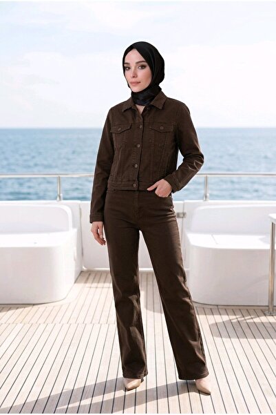 kotmodası Καφέ Τζιν - Γυναικείο Παντελόνι Παλάτσο με Ψηλή Μέση, Φαρδιά Μπατζά...