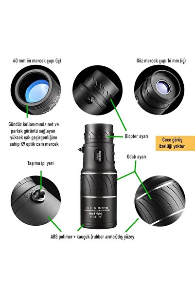 UpWay 16x52 Monoküler Dürbün - HD K9 Optik Cam Lens - 10X Yakınlaştırma