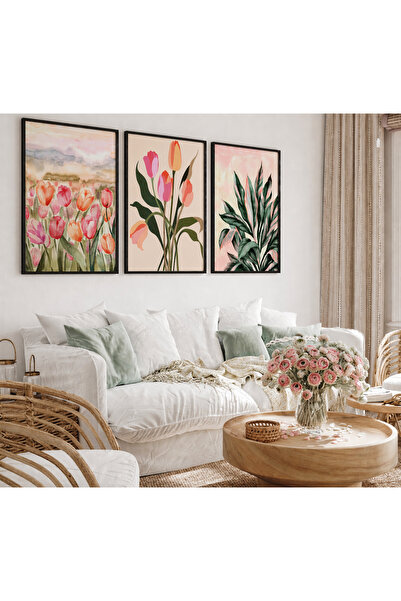 TekTablo Σετ 3 πίνακων με μοντέρνα σχέδια λουλουδιών – Με κορνίζα – Διακόσμησ...