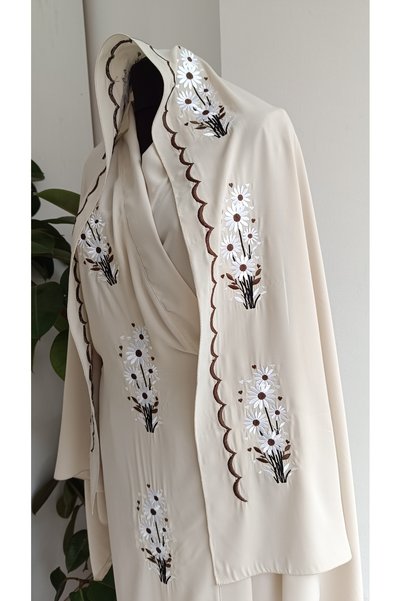 Misue Handmade Medina Silk Embroidered Tie-On Prayer Dress + Shawl, Umrah Dress, Dowry Prayer Dress & Robe