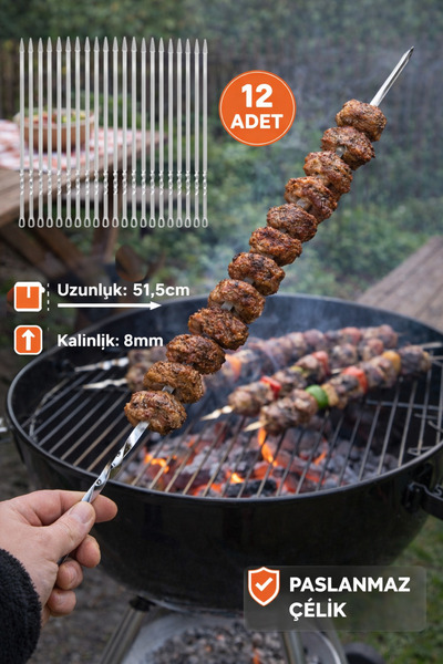 Binbirreyon Professional Mangal Çelik Şiş Takımı 12 Adetli 51,5cm Paslanamz Ç...