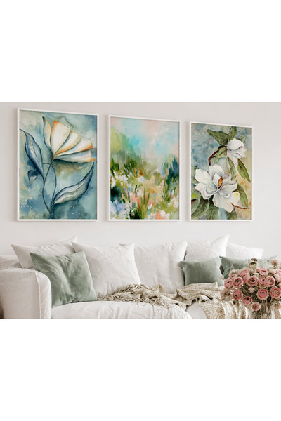 TekTablo Μοντέρνο Σετ Πίνακων με Παστέλ Λουλουδάτα Σχέδια 3 τεμαχίων με Κορνί...