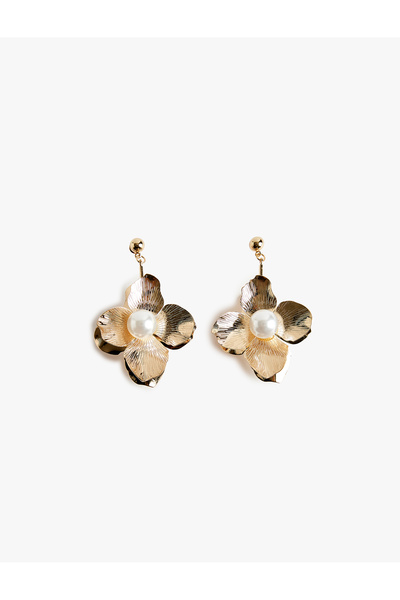 Koton Pearl Detailed Textured Dangle Steel Flower Earrings