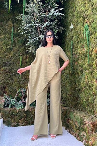 Dipmoda Women's Green Modern Cape Sleeve Asymmetrical Blouse Trousers Two-Pie...