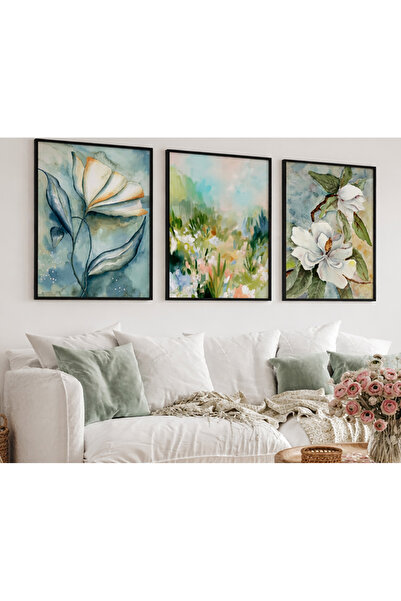 TekTablo Μοντέρνο Σετ Πίνακων με Παστέλ Λουλουδάτα Σχέδια 3 τεμαχίων με Κορνί...