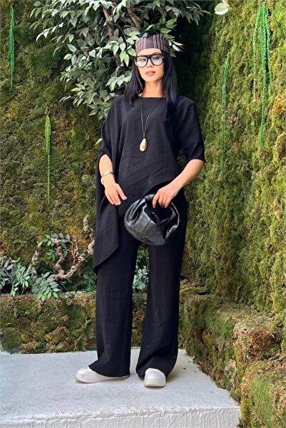 Dipmoda Women's Black Modern Cape Sleeve Asymmetrical Blouse Trousers Two-Pie...