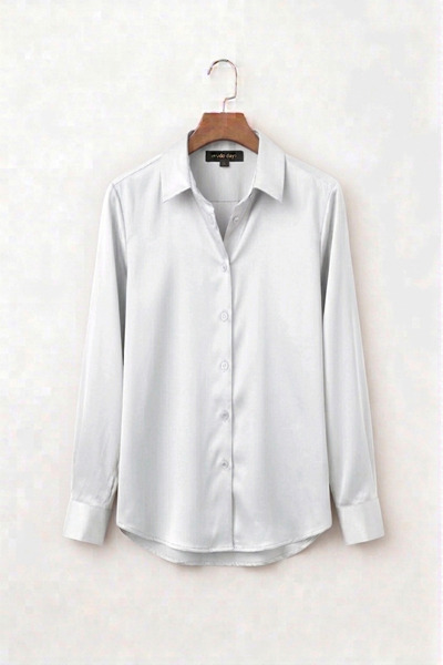 Moda Days Γυναικείο λευκό σατέν πουκάμισο με μακριά μανίκια, κομψό κλασικό γρ...