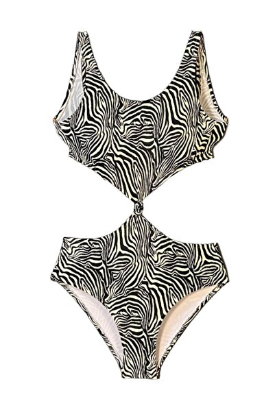 LOOK ME Safari Temalı Zebra Figürlü Cut-Out Düğüm Detaylı Kız Çocuk Mayo