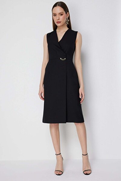 Ekol Metal Aksesuarlı Kruvaze Midi Elbise