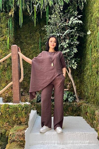 Dipmoda Women's Brown Modern Cape Sleeve Asymmetric Blouse Trousers Two-Piece...