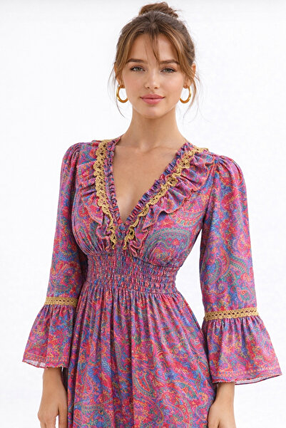 TOFAN TRİKO فستان لورا بظهر مفتوح بتصميم عتيق