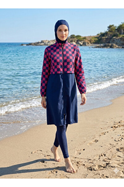 My-o Γυναικείο ολόσωμο μαγιό με μπλε τετράγωνο σχέδιο και χιτζάμπ
