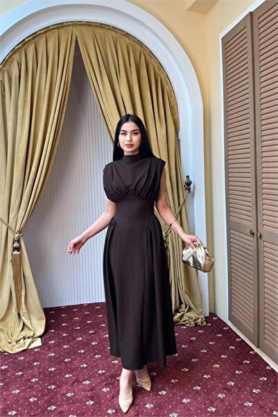 Dipmoda Γυναικείο καφέ φόρεμα με ψηλό γιακά και ντραπέ σχέδιο, μήκους μίντι, ...