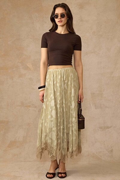 Olcay Φούστα σιφόν με δαντελένια λεπτομέρεια και σχέδια στις άκρες ΠΡΑΣΙΝΟ 7075