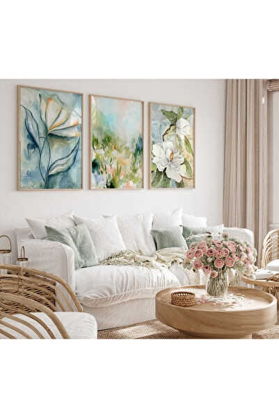 TekTablo Μοντέρνο Σετ Πίνακων με Παστέλ Λουλουδάτα Σχέδια 3 τεμαχίων με Κορνί...