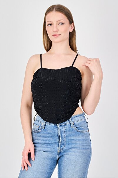 Don't Call Me Jennyfer Women Square Neck Sleeveless Embellished Tank Top, Black