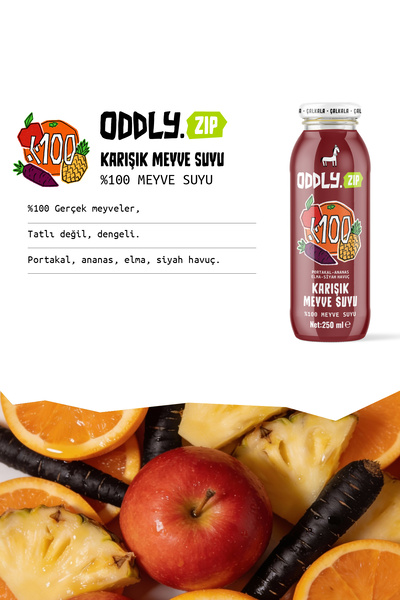 ODDLY .Zıp %100 Karışık Meyve Suyu12x1 250 ml İlave Şeker İçermez --