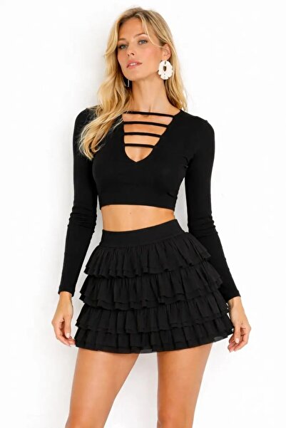 Cool & Sexy Μαύρη Σορτσόφούστα με Βολάν – Ψηλόμεση, Θηλυκό Μίνι Σχέδιο