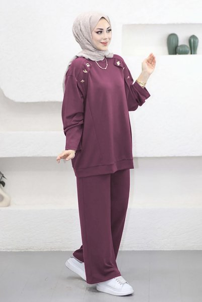 Suede Style 6076 - Stylish Comfortable Modal Fabric Button Detailed Loose Women's Suit