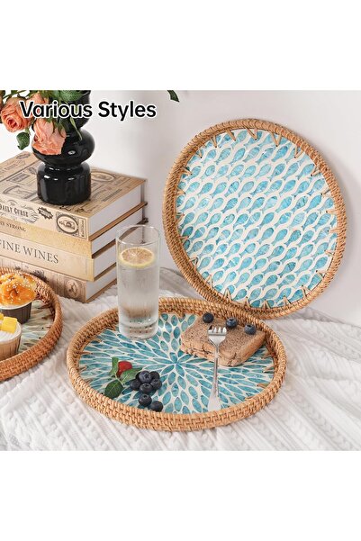 morponi طقم من 2 صينية تقديم مستديرة مصنوعة يدويًا من الخيزران الطبيعي مقاس 3...