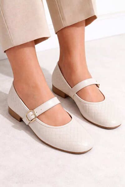 MAYA SHOES Bej Örgü Yuvarlak Burunlu Kapalı Baretli Ortopedik Babet