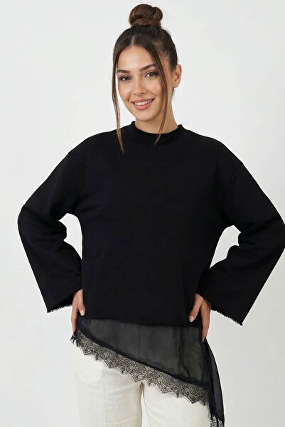 BN BUTİK Asimetrik Dantel Garnili Geniş Kollu Modern Sweatshirt Bluz