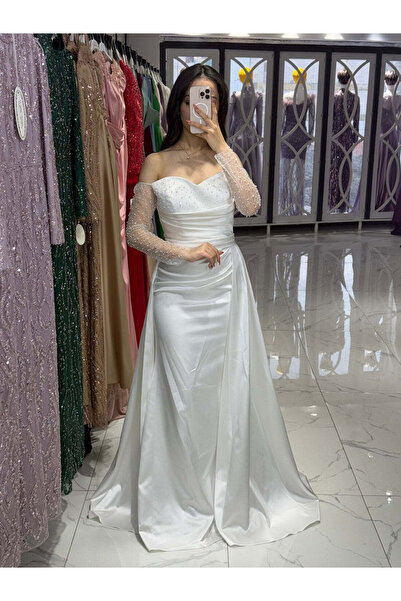 miracoutureofficial Saten Pelerinli Balık Kesim Kolları transparan Abiye elbise