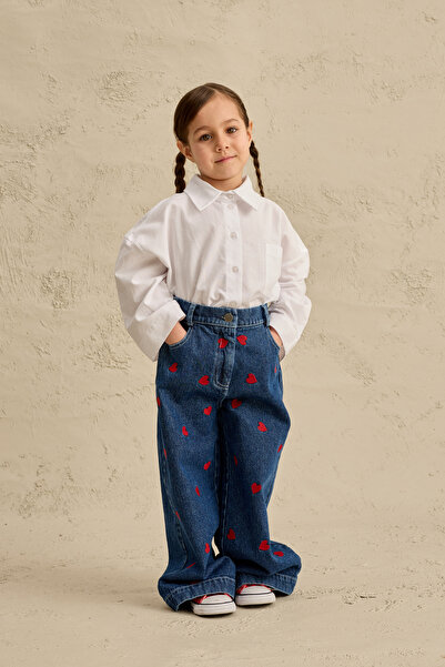 Fahhar Kids Pantaloni din denim drepți cu broderie inimă, bleumarin