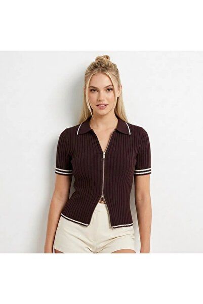 Park Karon 12475 Short Sleeve Zipper Detailed Polo Collar Premium Yarn Camiso...