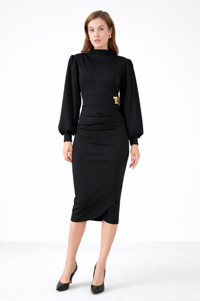 WOMAN VISION Μαύρο μίντι φόρεμα με μακριά μανίκια και ψηλό γιακά με λεπτομέρε...