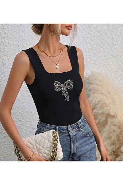 MaxiMor Culoare neagră pentru femei, cu bretele groase, broderie cu fundă, ly...