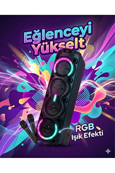 OWWOTECH Bluetoothlu 4x8 inç Woofer RGB Işıklı Parti Hoparlörü - 2 Mikrofonlu...