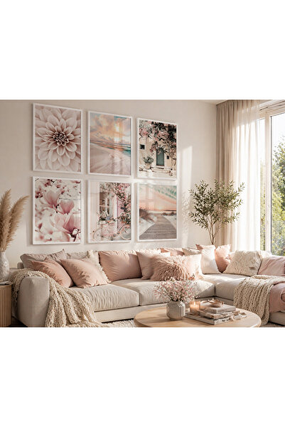 TekTablo Σετ 6 πίνακων με ξύλινο πλαίσιο, λουλουδάτο & vintage μοντέρνο ντεκό...